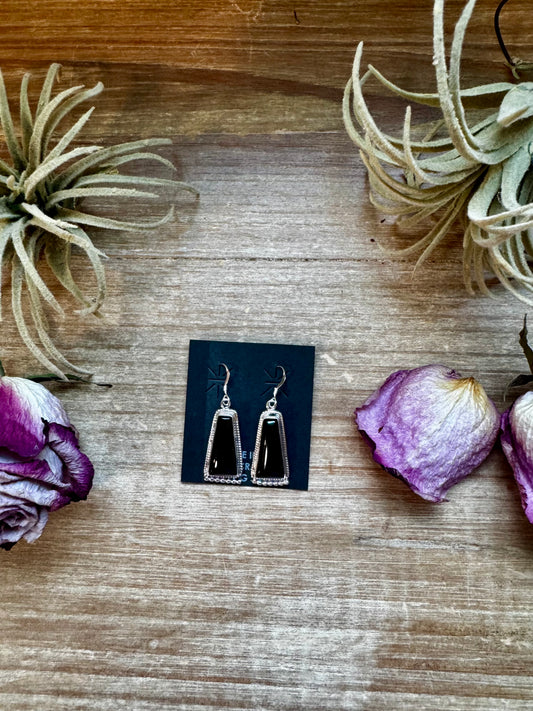 1.75" sterling silver pearl and black onyx dangle earrings, handmade in the USA