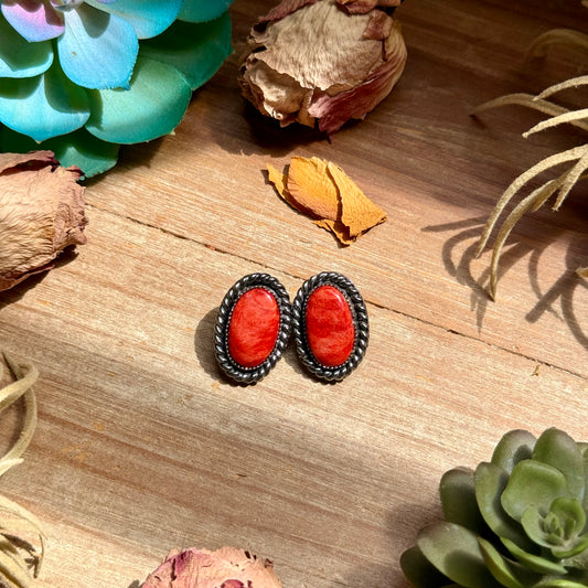 MJ Red Spiny Oyster Stud Earrings with Twisted Rope Border