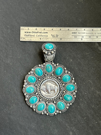 Sterling Silver Kingman Turquoise & Buffalo Nickel Cluster Pendant – Artist Shay Pfeiffer
