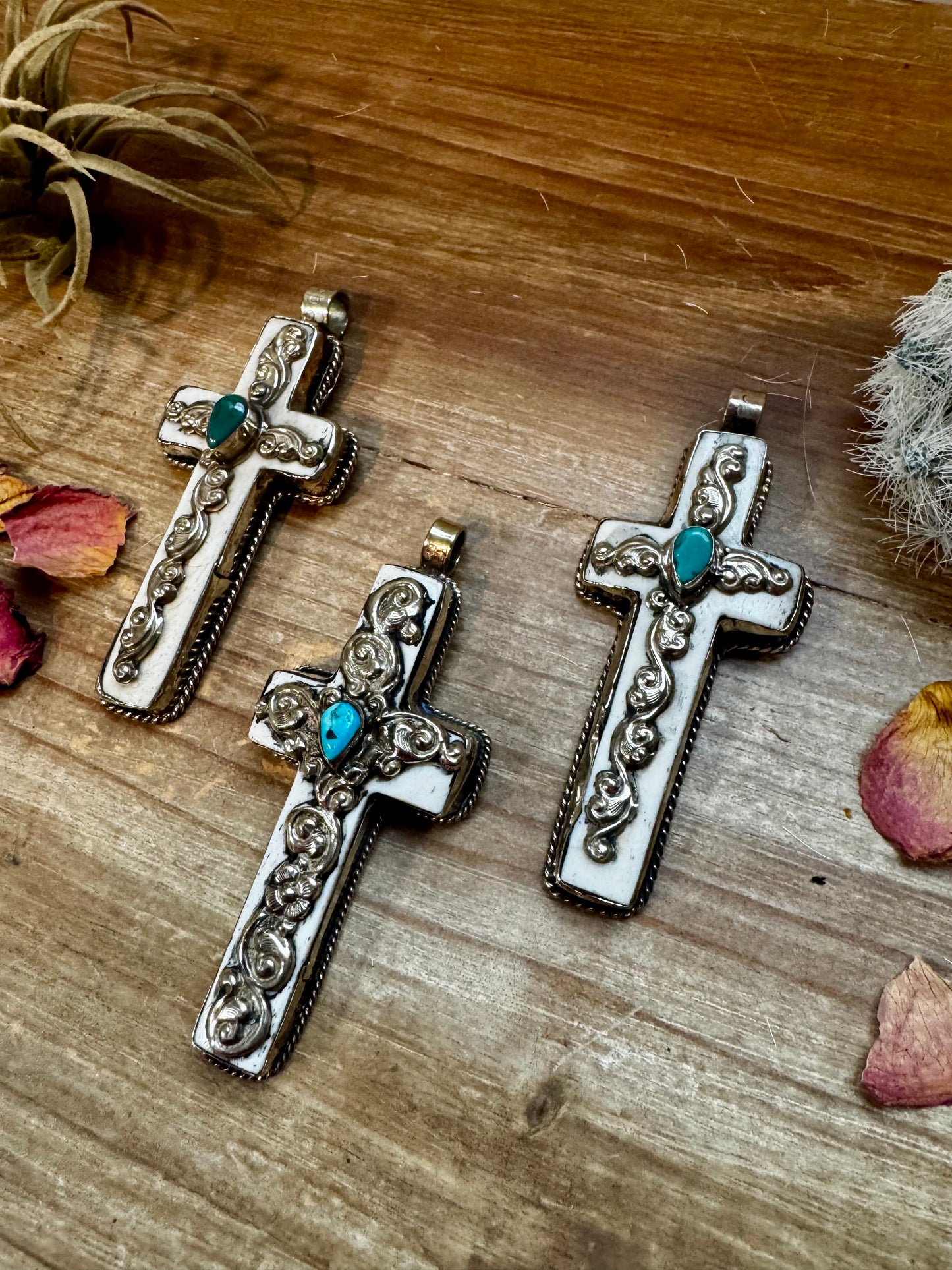 Antler Cross Pendant With Turquoise On Silver Brass