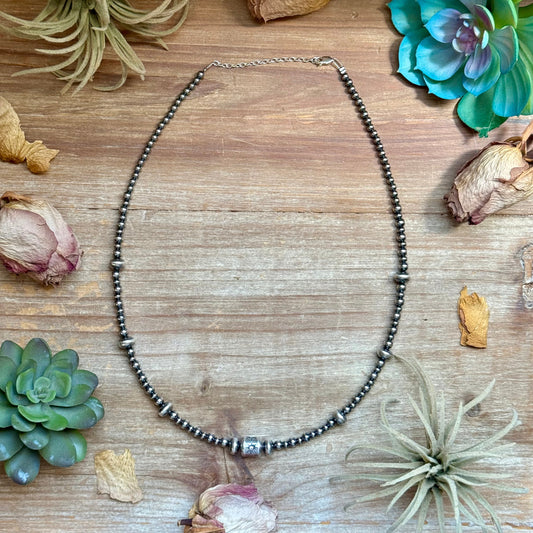Sterling Silver Pearl, Saucer & Barrel Bead Necklace