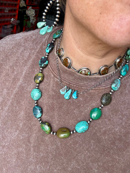 16-inch handmade necklace with bright blue turquoise and sterling silver pearls, made in Texas
