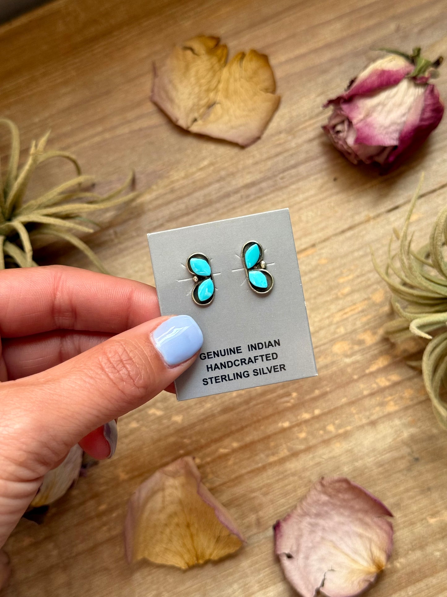 Sterling silver Kingman turquoise stud earrings, Native made with center post, handmade in USA, each pair unique