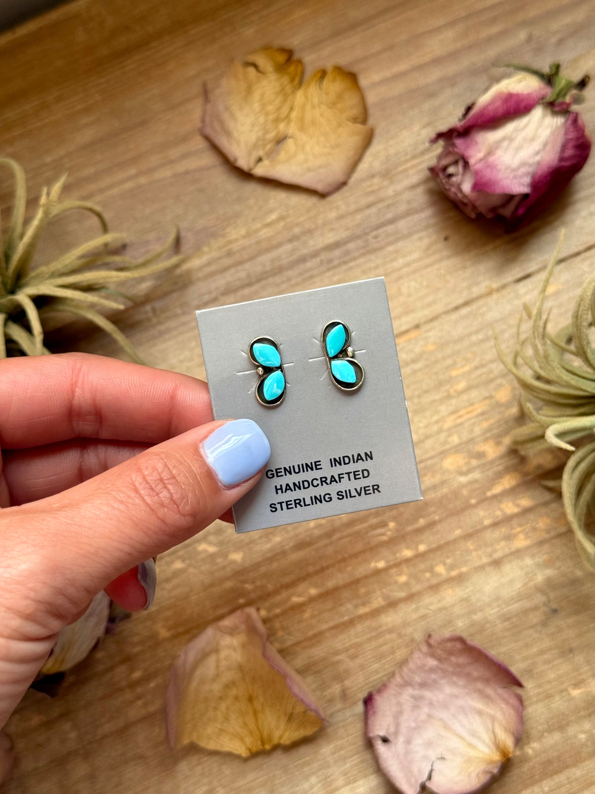 Sterling silver Kingman turquoise stud earrings, Native made with center post, handmade in USA, each pair unique