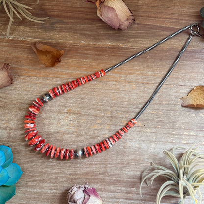 22-Inch Graduated Orange and Red Spiny Oyster & Sterling Silver Pearl Necklace