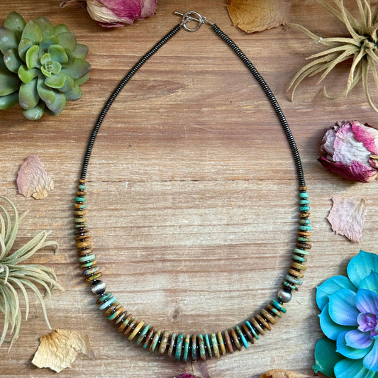 23 inch dark green turquoise graduated necklace with hematite and sterling silver pearls handmade in the USA by The Bijoux FAB