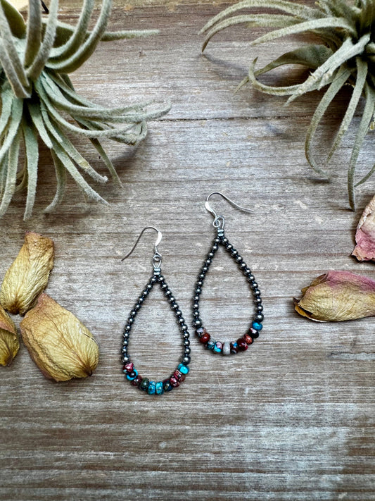 Teardrop earrings with sterling silver pearls and pink-blue sea sediment beads on French hooks