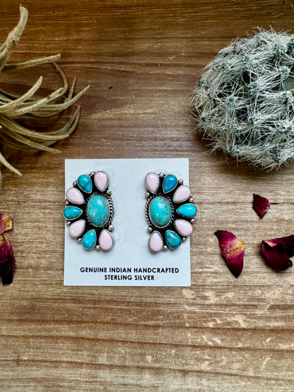 Cluster Stud earrings - Turquoise and pink conch Earrings option 2