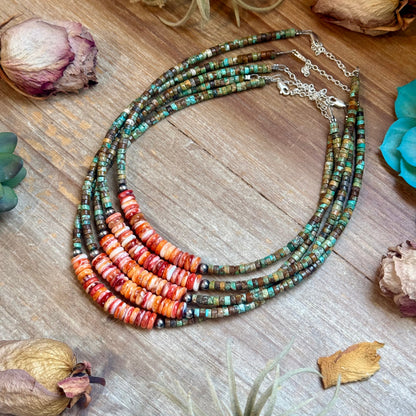 Green Turquoise & Orange Spiny Oyster Fall Necklace