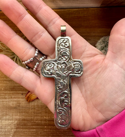 Antler Cross Pendant With Turquoise On Silver Brass