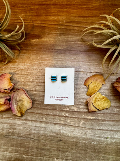 Zuni-made square Kingman turquoise stud earrings in sterling silver by artist Davis Kaamasee