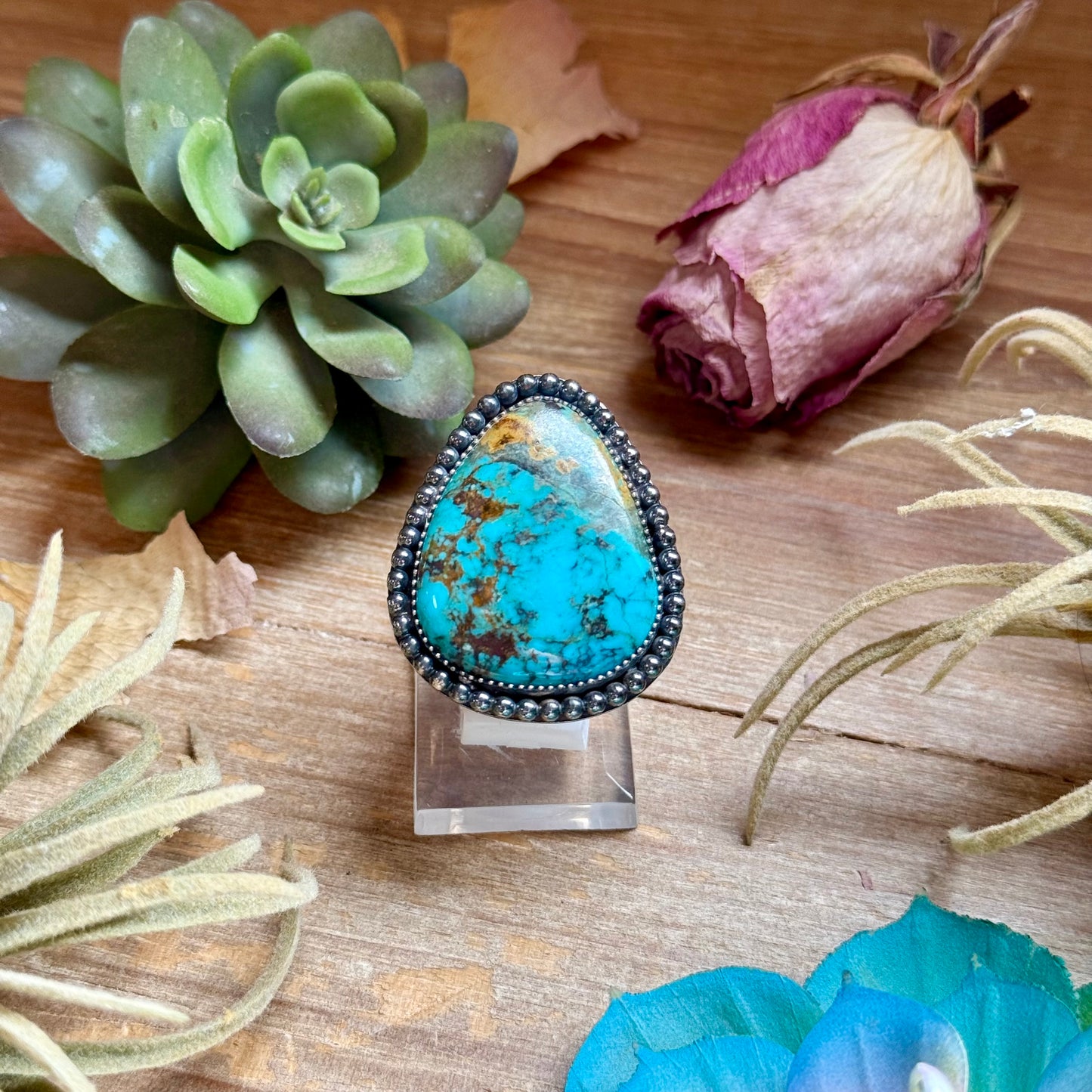 MJ freeform blue turquoise ring in sterling silver adjustable band handmade in-house in the USA
