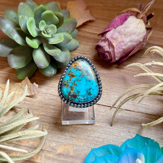 MJ freeform blue turquoise ring in sterling silver adjustable band handmade in-house in the USA
