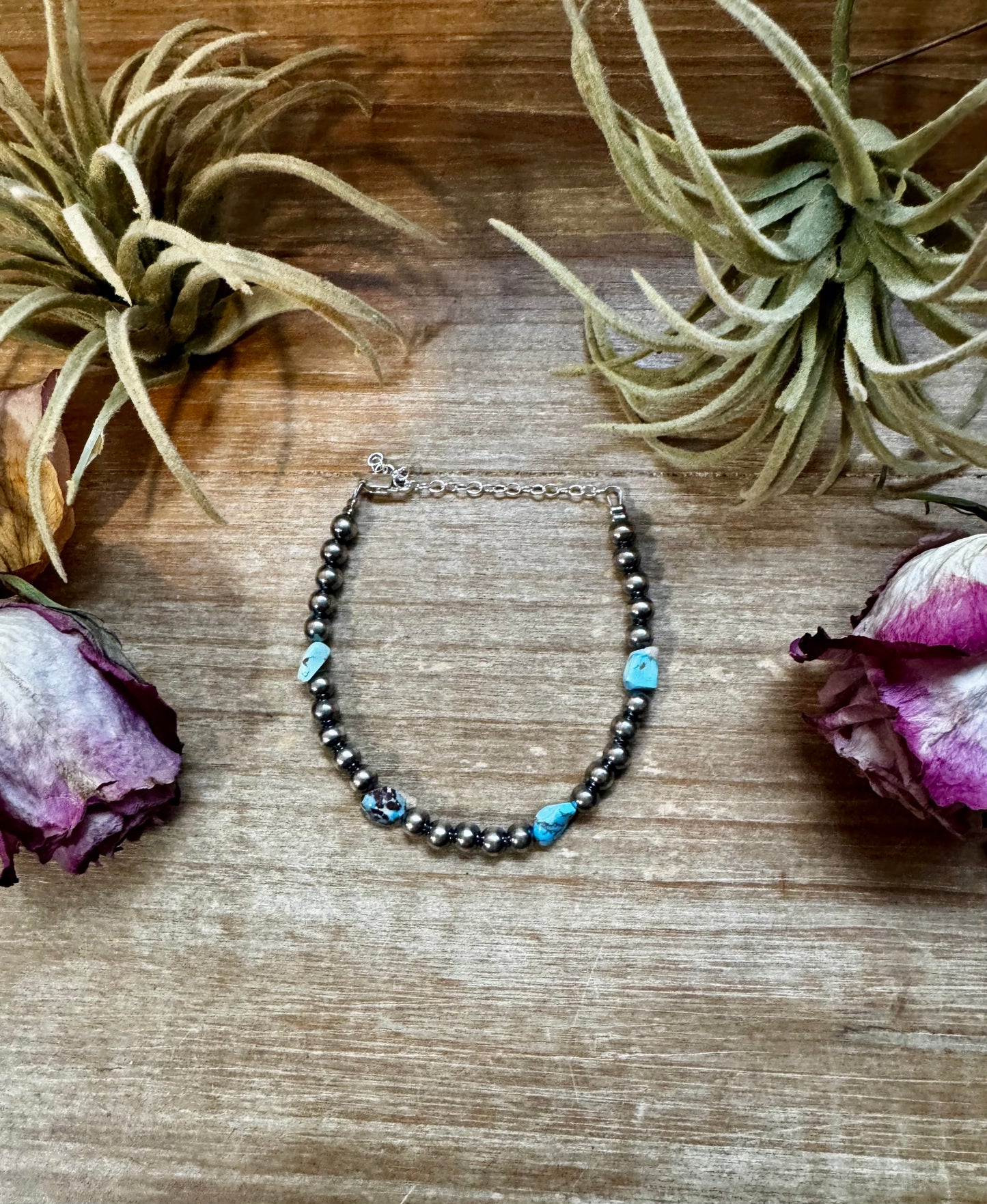 Sterling silver pearl bracelet with Golden Hill turquoise beads, handmade by The Bijoux FAB in the USA, 7" plus extender