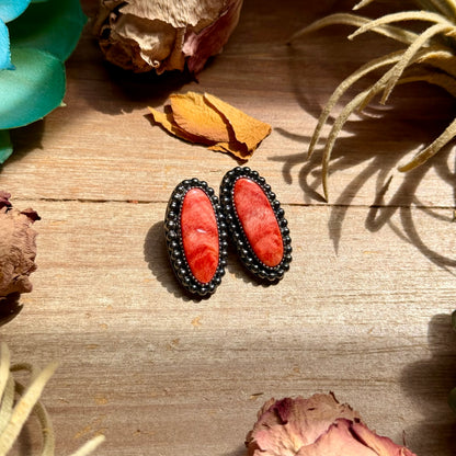 MJ Red Spiny Oyster Long Oval Stud Earrings with Beaded Wire