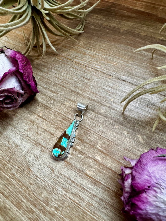 Sterling silver teardrop pendant with Kingman turquoise stone, Option 4 variation, stamped SF, Native made in the USA, fits 5mm pearls