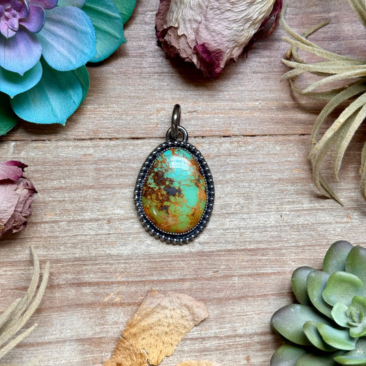 Green and blue turquoise sterling silver pendant with natural matrix handmade in the USA by The Bijoux FAB