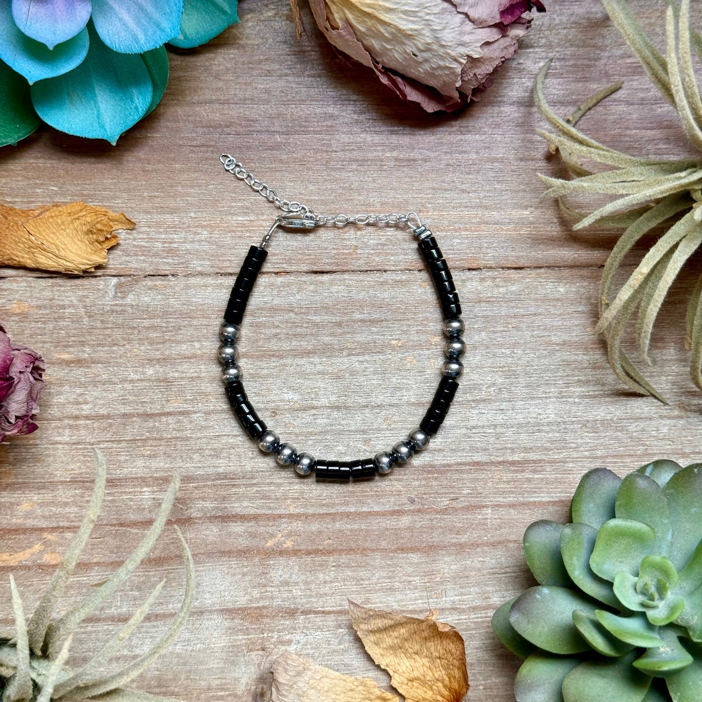 black onyx and sterling silver bracelet 6.25 inch extender handmade USA stackable jewelry