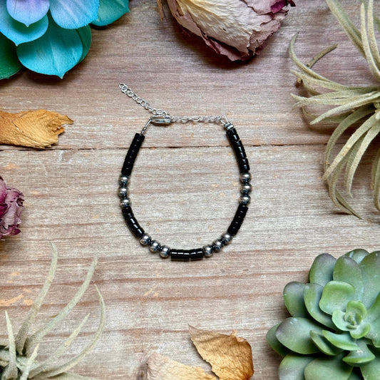 black onyx and sterling silver bracelet 6.25 inch extender handmade USA stackable jewelry