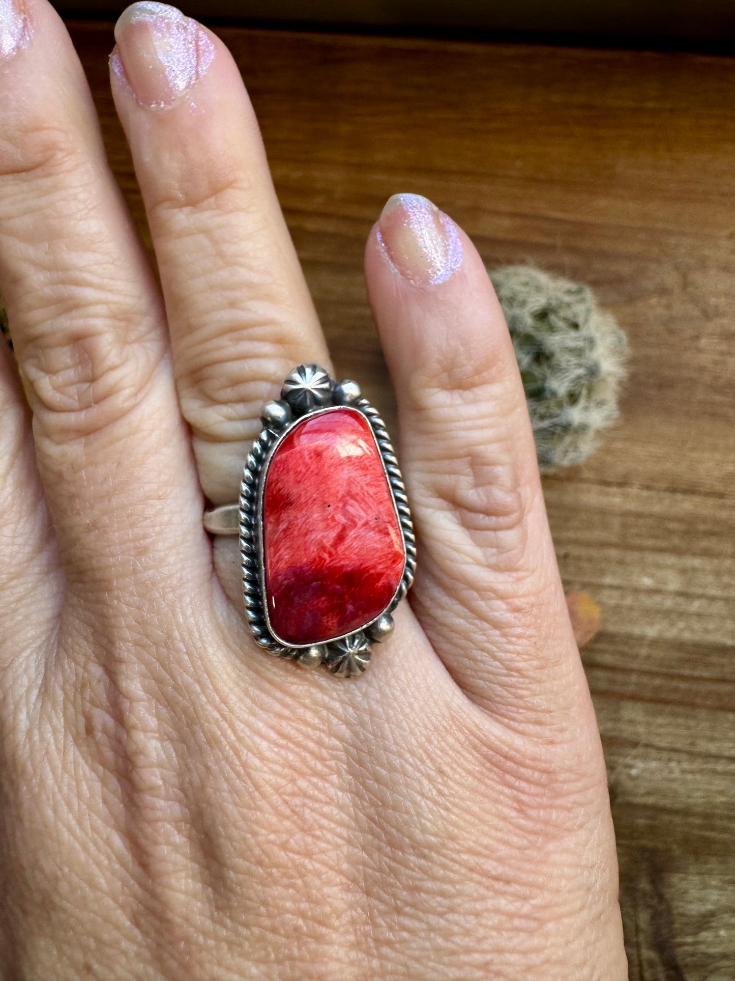 Ring - Adjustable -Red Spiny & Sterling Silver