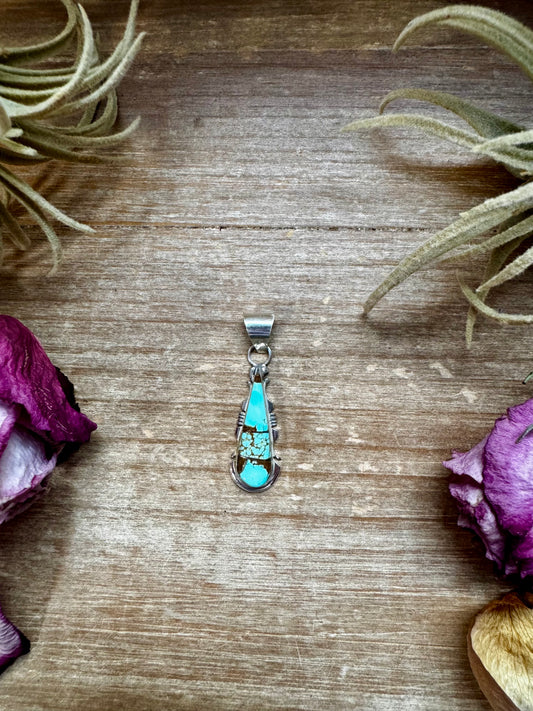Sterling silver teardrop pendant with Kingman turquoise, stamped SF, Native made in the USA, fits 5mm pearls