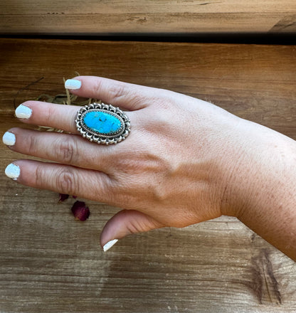 Oval Ring- adjustable- Kingman turquoise ring and sterling silver