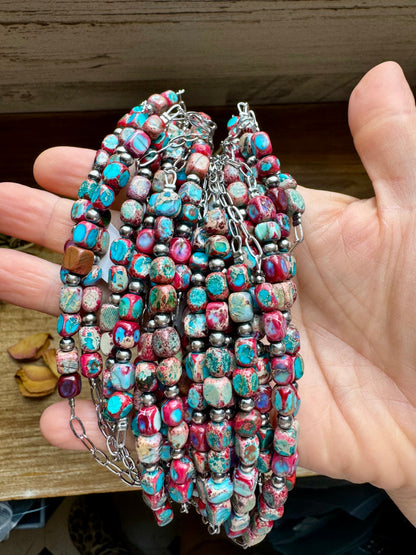 Paperclip Chain Necklace – 4mm Sterling Silver Pearls & Pink-Blue Sea Sediment – 16.5"