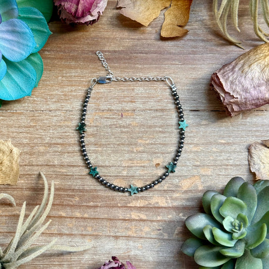 6.5 inch African turquoise star bracelet with 3mm sterling silver pearls handmade in the USA by The Bijoux FAB