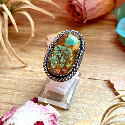 MJ turquoise ring in sterling silver with adjustable band handmade in-house in the USA
