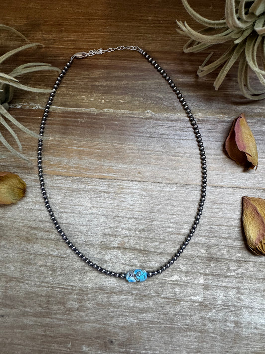 Golden Hill turquoise choker with 3 mm sterling silver pearls and spacer saucers, handmade by The Bijoux FAB