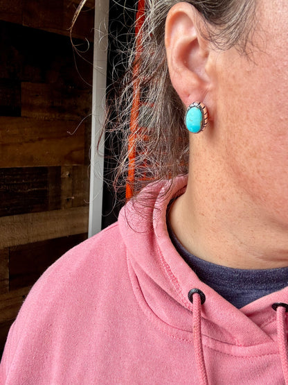 Stud Oval Turquoise Earrings & Sterling Silver