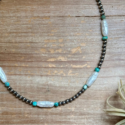 18-Inch Turquoise, White Freshwater Pearl Necklace