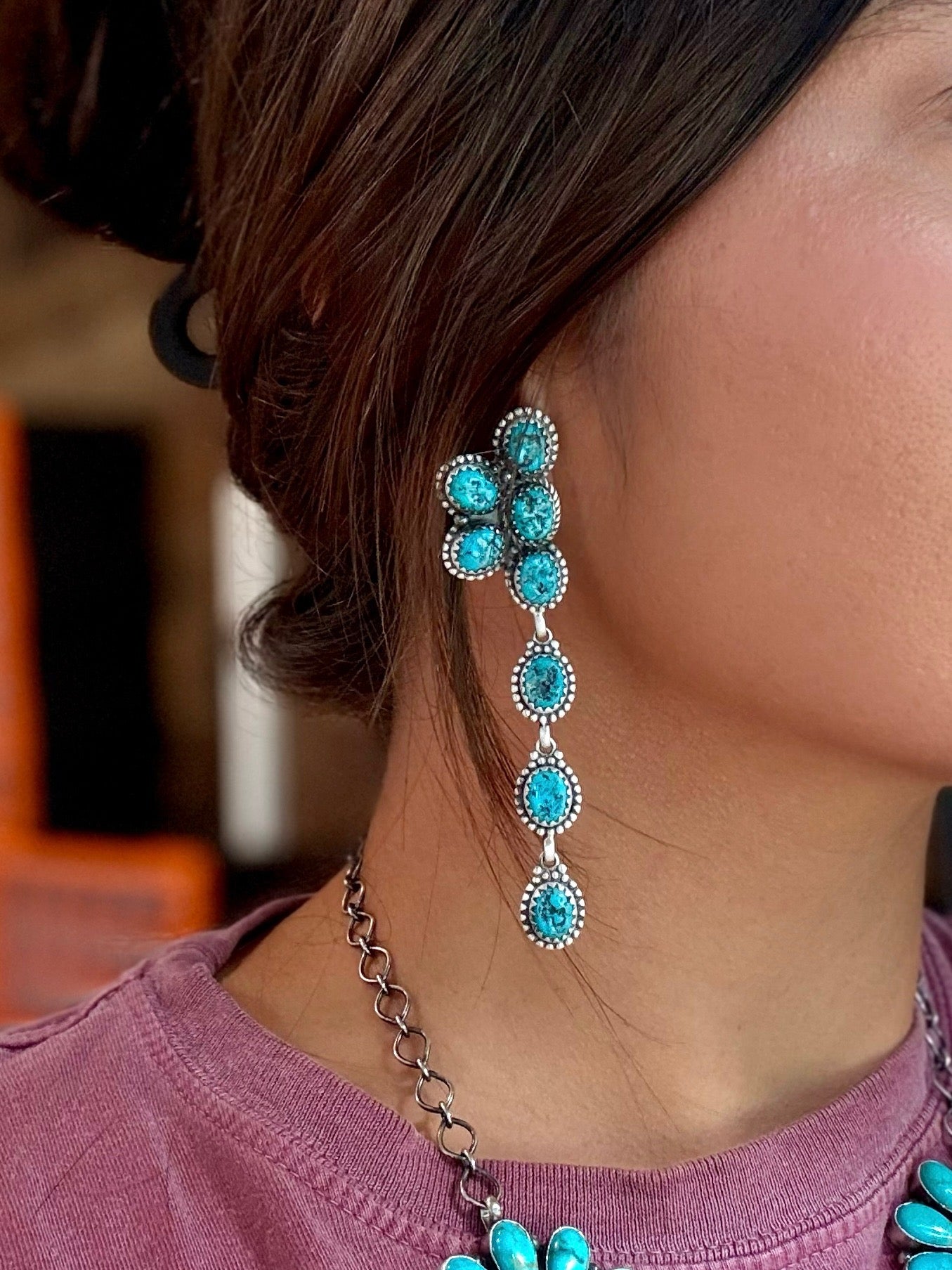 Kingman Turquoise Sterling Silver Earrings – Half-Cluster Design – Stud & Dangle Style