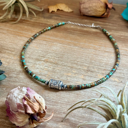 Green Turquoise Heishi & Sterling Silver Barrel Bead Necklace