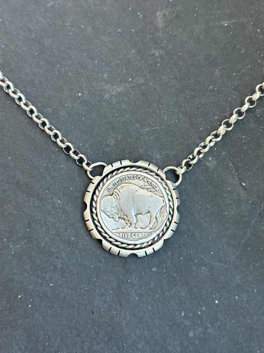 Sterling Silver Buffalo Nickel Necklace – Filed Frame Border – 18” Fixed Chain – Artist Jason Ogg