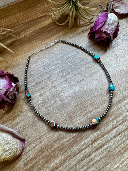 Mixed Turquoise & Spiny Oyster Necklace – 3mm Sterling Silver Pearls