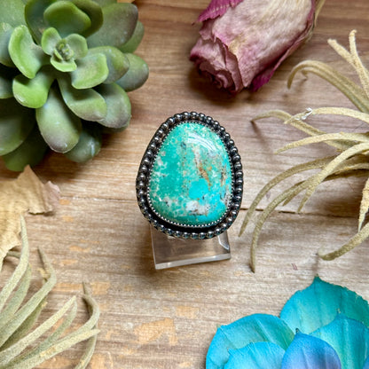 MJ freeform light green turquoise ring in sterling silver adjustable band handmade in-house in the USA
