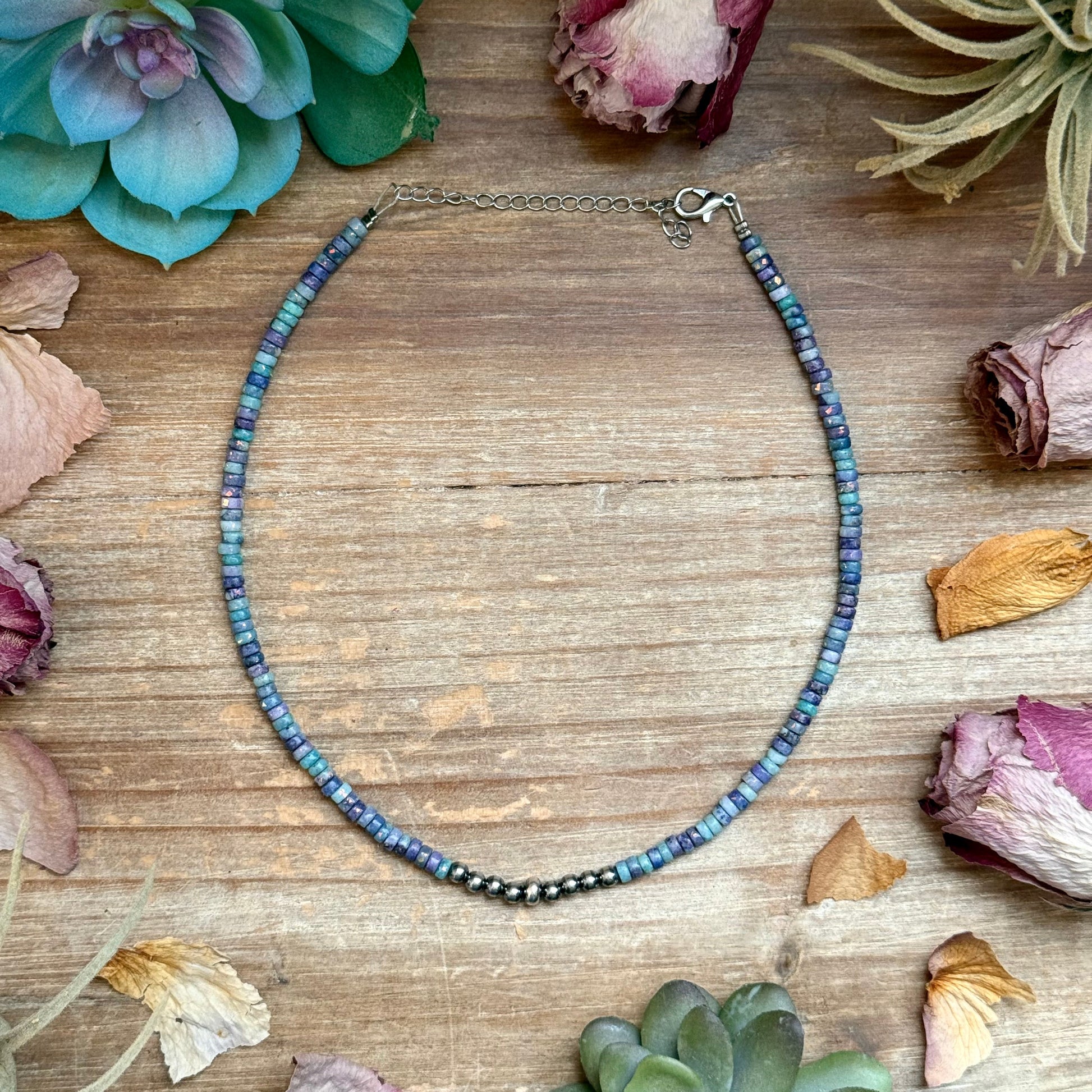 14 inch purple dolomite choker with sterling silver pearls and extender handmade in the USA by The Bijoux FAB