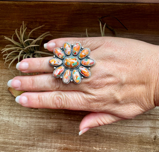 Sterling silver adjustable flower ring with spiny oyster and turquoise Mojave stones, made in the USA