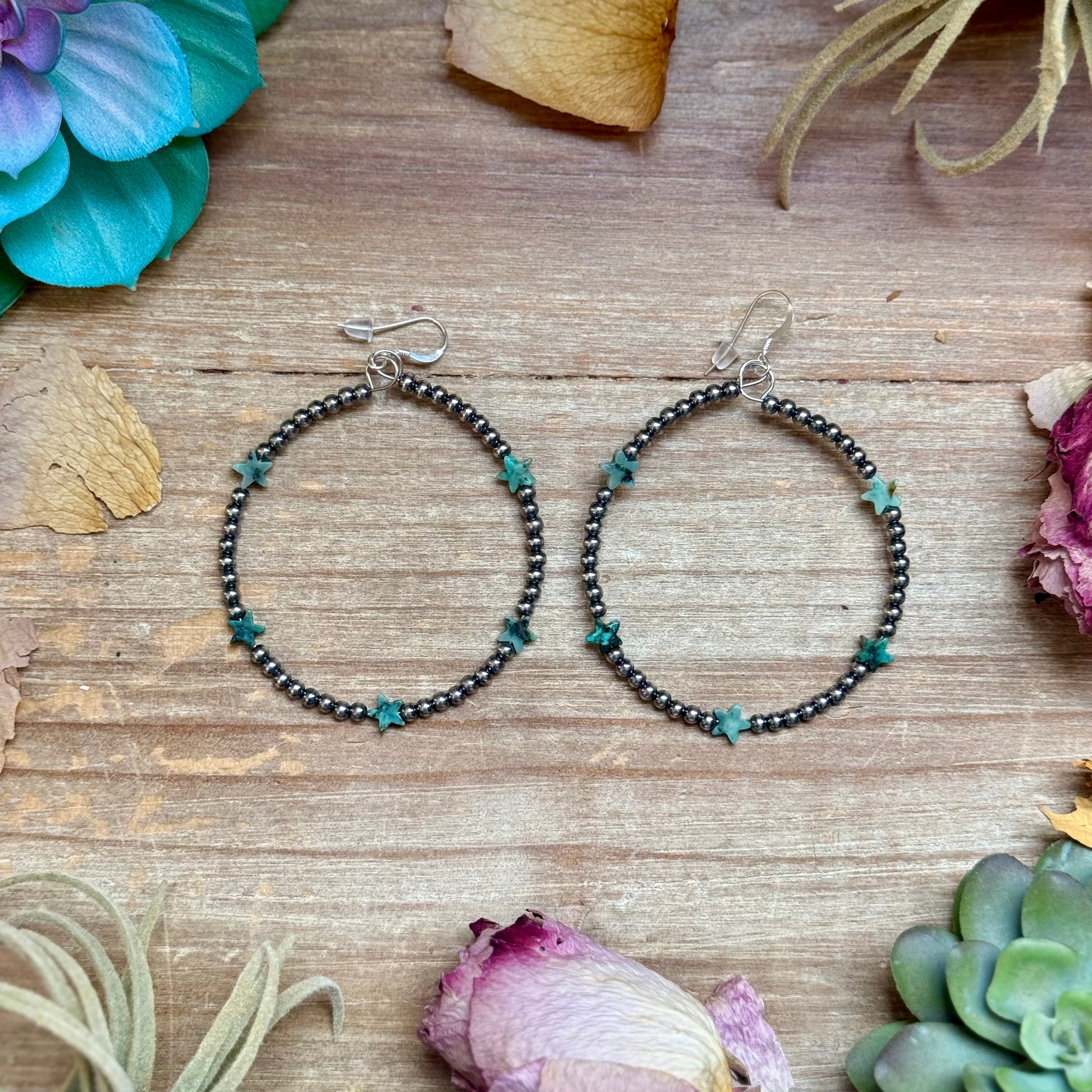 African turquoise star hoop earrings with 3mm sterling silver beads and sterling hook
