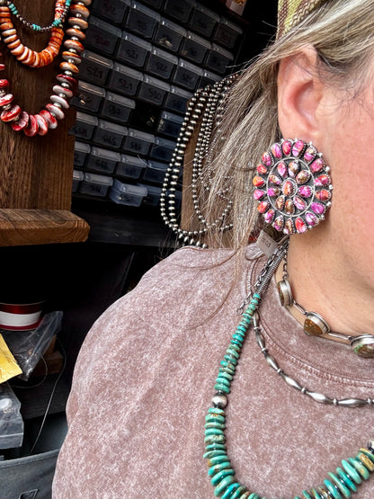 Oversized handcrafted cluster earrings featuring vibrant Pink Dahlia stones set in solid sterling silver. Stamped DLW. Made in the USA. One of a kind. Curated by The Bijoux FAB.