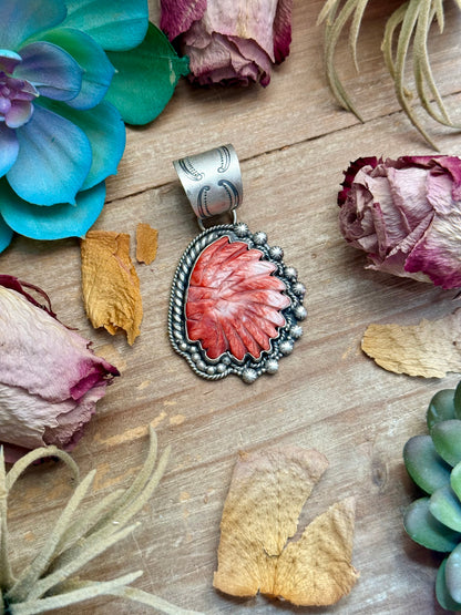 83 - Sterling Silver Red Spiny Oyster Chief Head Pendant by Shay Pfeiffer