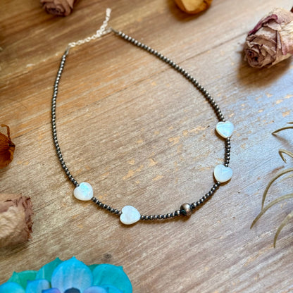 White Shell Heart & Sterling Silver Pearl Necklace - 15 inch