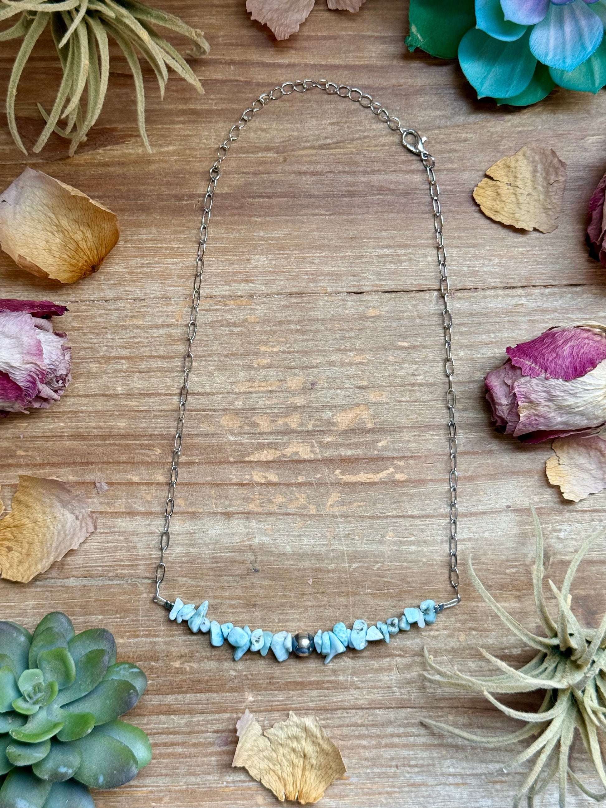 16 inch larimar chip necklace with sterling silver pearls and silver plated paperclip chain handmade by The Bijoux FAB
