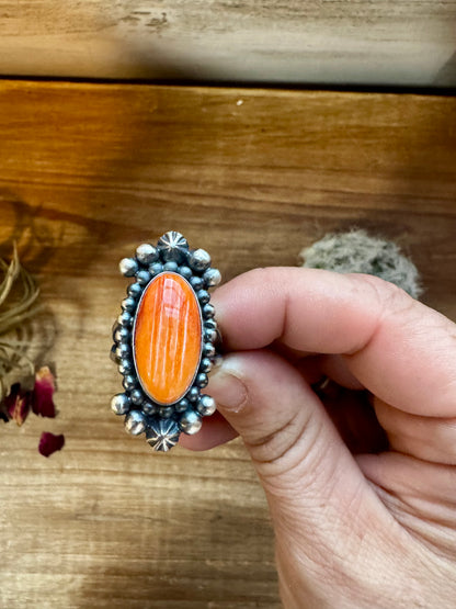 Long Ring - Pick your size - Orange spiny and sterling silver