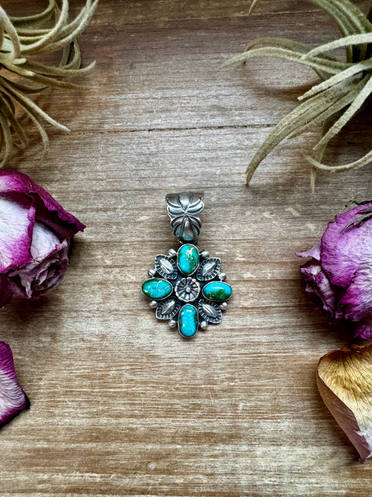 Sterling silver flower pendant with Sonoran Gold turquoise, stamped by Charles Johnson, Native made in the USA, fits 10mm pearls