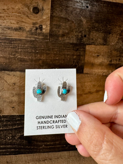 Smaller Cactus earrings stud - sterling silver and turquoise