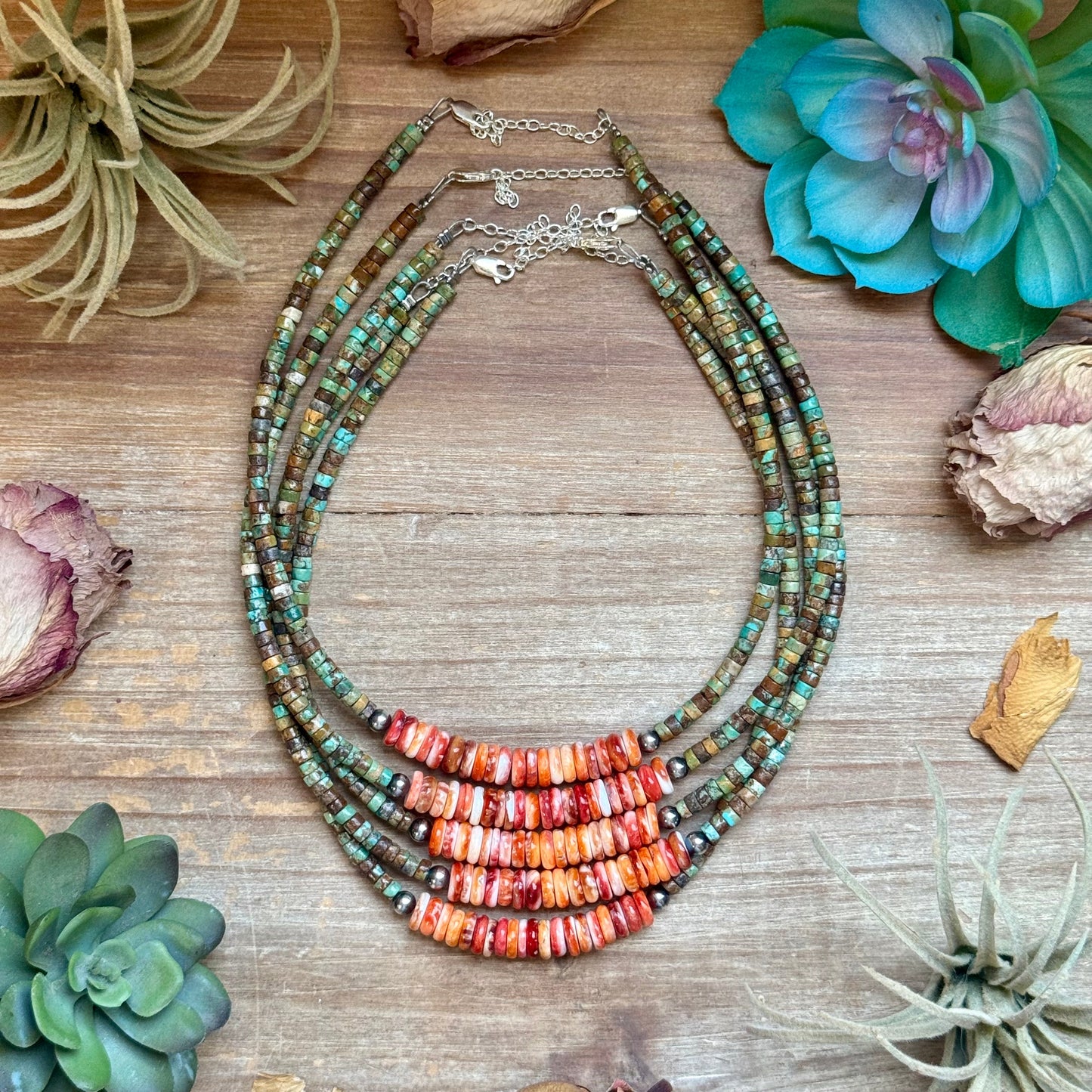 Green Turquoise & Orange Spiny Oyster Fall Necklace