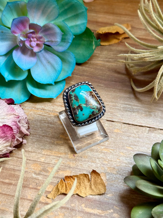 Adjustable turquoise ring with copper band and sterling silver rope border, handmade one of a kind

