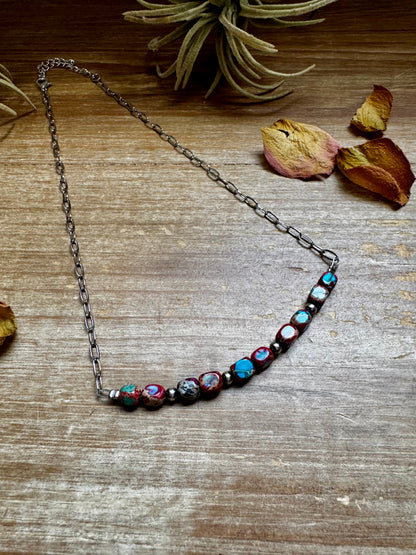 Paperclip Chain Necklace – 4mm Sterling Silver Pearls & Pink-Blue Sea Sediment – 16.5"